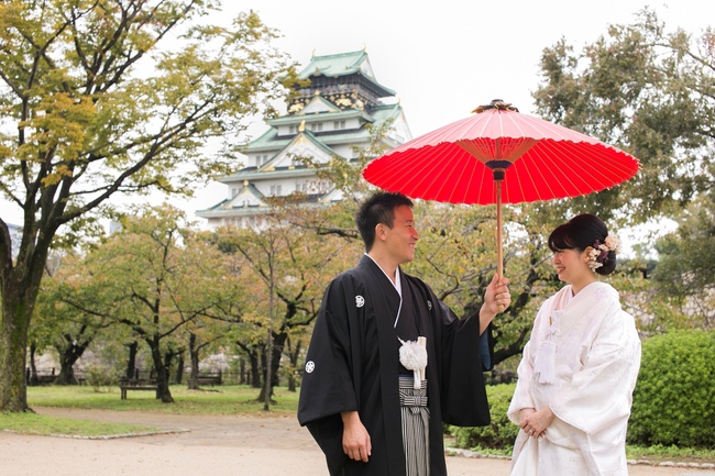 和装前撮り写真撮影 大阪城 白無垢＋紋付.jpg