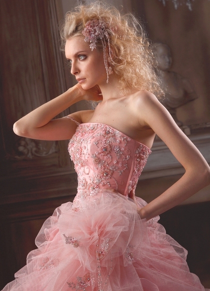 カラードレス　ピンク ビジュー （襟フリル）