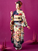 振袖 紺色 大阪丸福 成人式写真 新作入荷 大阪 豊中 箕面 川西 池田 吹田 千里 成人式、卒業式袴、着物レンタル・着付け