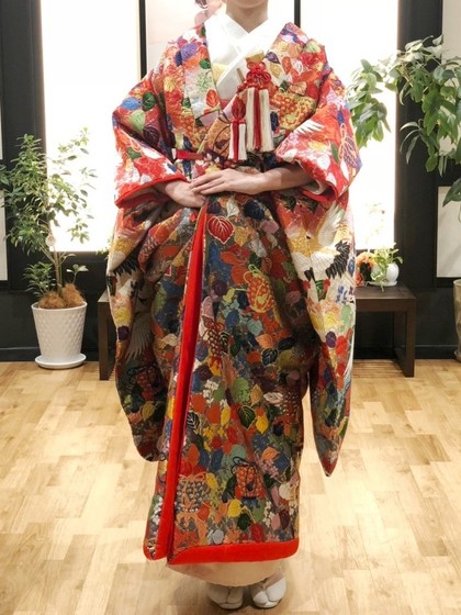 唐織 色打掛 秋海棠虫籠文様 夫婦鶴