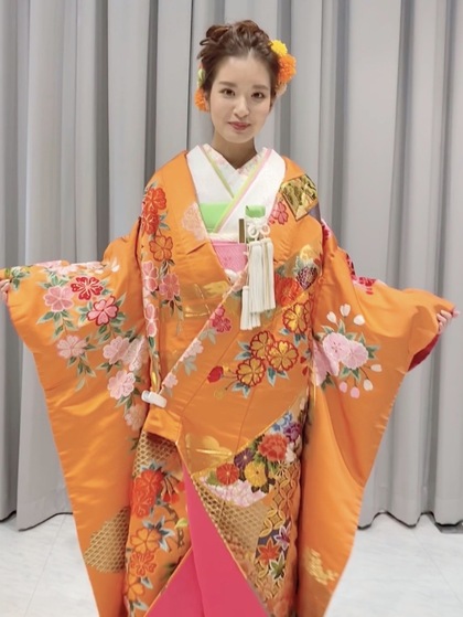 オレンジの色打掛 （ふき布ピンク）