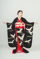 引き振袖　黒地　鶴